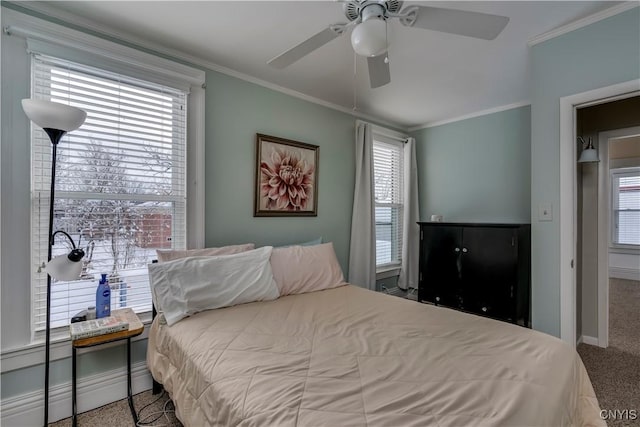 bedroom with crown molding, ceiling fan, carpet flooring, and multiple windows