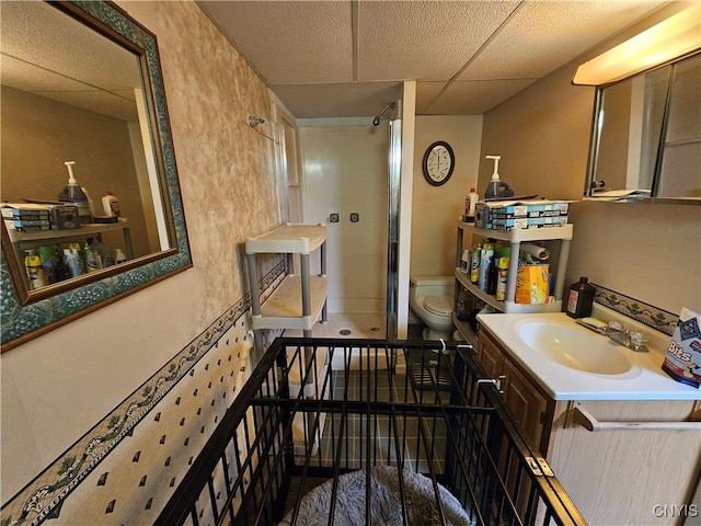 bathroom featuring vanity, a shower, a drop ceiling, and toilet