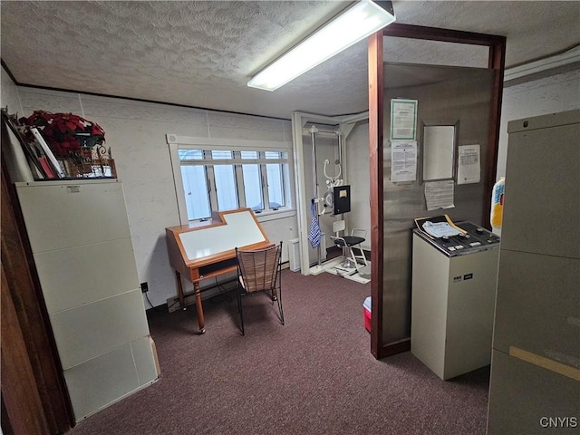 carpeted office featuring a textured ceiling