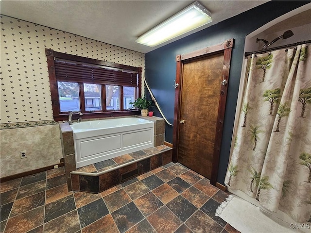 bathroom with shower with separate bathtub