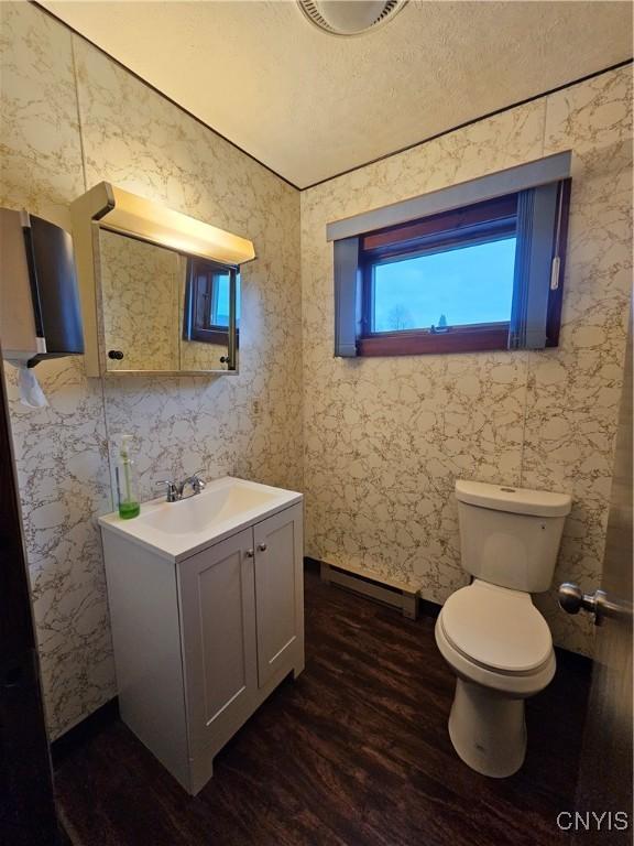 bathroom featuring vanity, toilet, hardwood / wood-style floors, and a textured ceiling