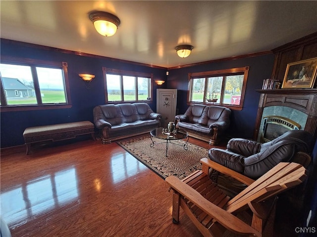 living room featuring crown molding and plenty of natural light