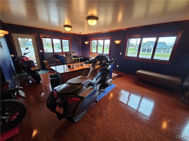 home office with dark hardwood / wood-style floors