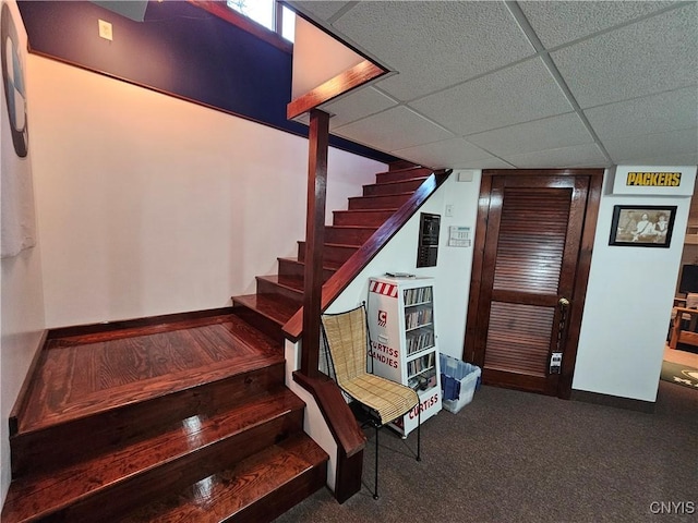 stairs featuring a paneled ceiling and carpet