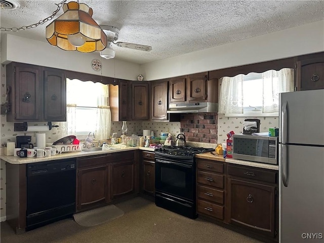 kitchen with dark brown cabinetry, sink, plenty of natural light, and black appliances