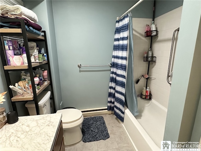 full bathroom with vanity, shower / tub combo, tile patterned floors, and toilet