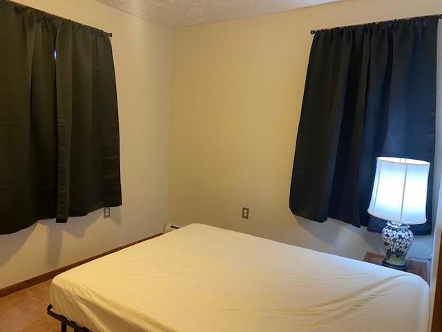 carpeted bedroom with a textured ceiling