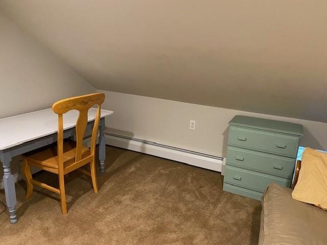 office area with lofted ceiling, dark carpet, and baseboard heating