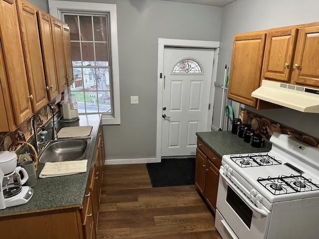 kitchen with white gas range, sink, and dark hardwood / wood-style floors