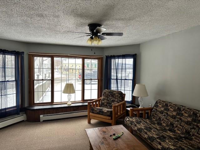 living room with a baseboard radiator, carpet, plenty of natural light, and ceiling fan