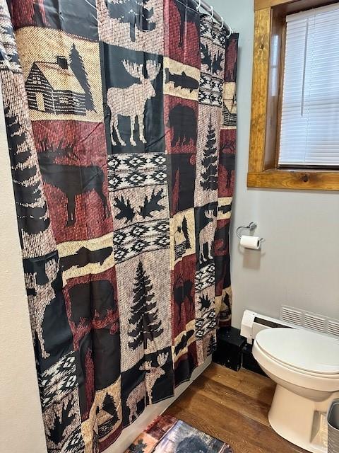 bathroom featuring wood-type flooring and toilet