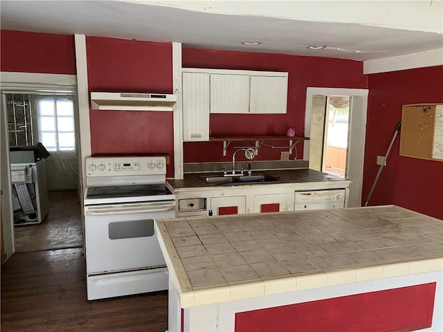 kitchen featuring dark wood-type flooring, white appliances, sink, and a wealth of natural light