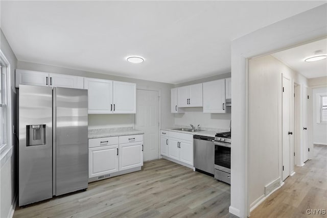 kitchen featuring white cabinetry, sink, light hardwood / wood-style floors, and appliances with stainless steel finishes