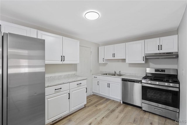 kitchen with sink, light hardwood / wood-style flooring, white cabinets, and appliances with stainless steel finishes