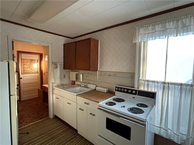 kitchen with white cabinetry, crown molding, sink, and white appliances