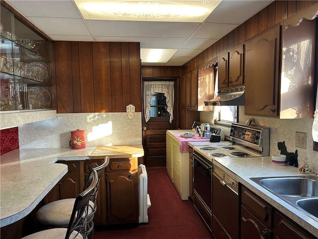 kitchen featuring electric stove, sink, decorative backsplash, and a drop ceiling