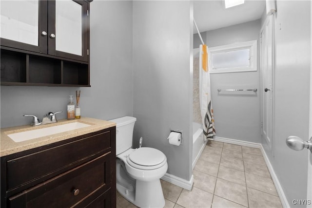 full bathroom with vanity, shower / tub combo, tile patterned flooring, and toilet