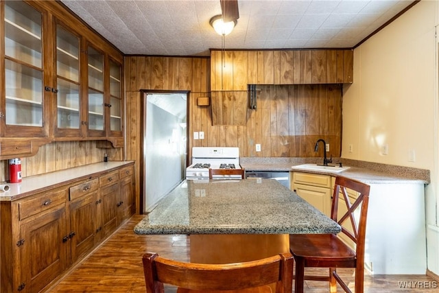 kitchen with sink, a breakfast bar area, white range with gas stovetop, dark hardwood / wood-style floors, and stainless steel dishwasher