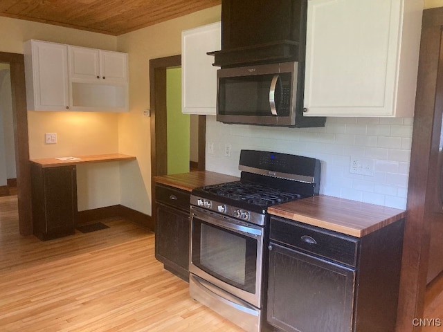 kitchen featuring white cabinetry, backsplash, wood ceiling, light hardwood / wood-style floors, and stainless steel appliances