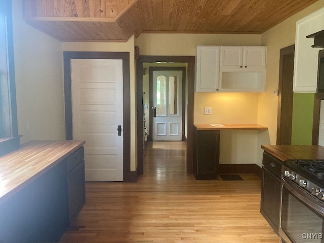 kitchen featuring white cabinetry, wood counters, wood ceiling, and light hardwood / wood-style floors