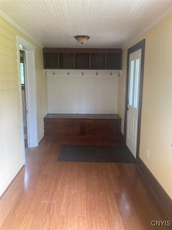 mudroom with ornamental molding, wood-type flooring, and a wealth of natural light