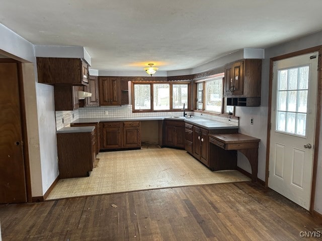 kitchen with sink, backsplash, dark brown cabinets, and light hardwood / wood-style floors