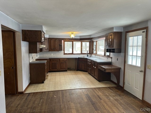 kitchen with tasteful backsplash, dark brown cabinetry, sink, and light hardwood / wood-style floors