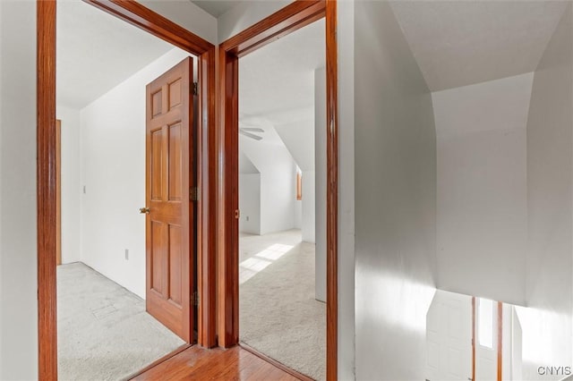 hallway with lofted ceiling and light hardwood / wood-style floors