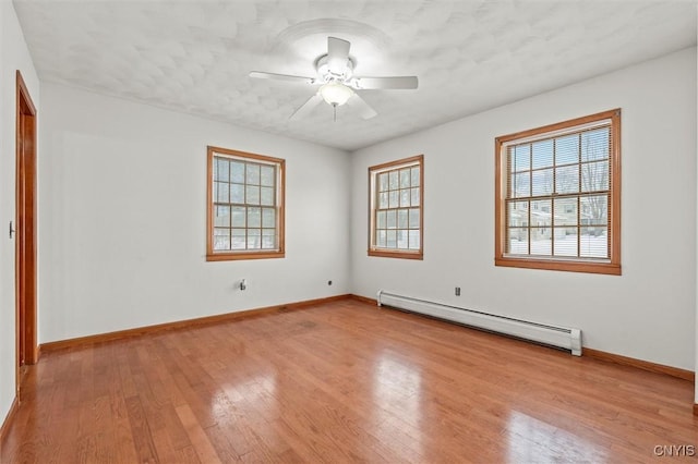 empty room with light hardwood / wood-style flooring, a baseboard radiator, and ceiling fan