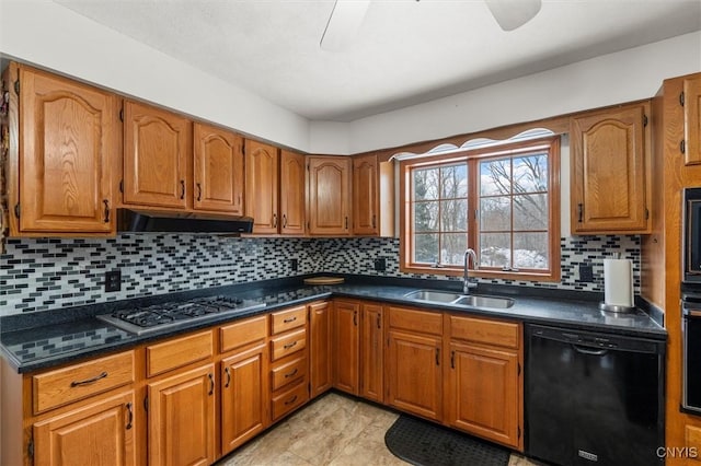 kitchen with stainless steel gas stovetop, dishwasher, sink, and decorative backsplash