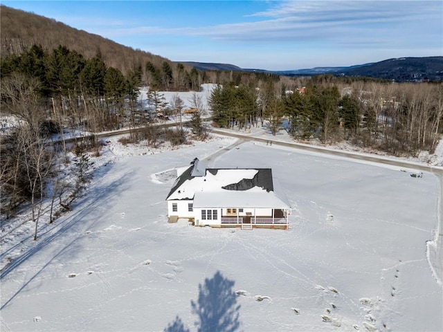 snowy aerial view with a mountain view