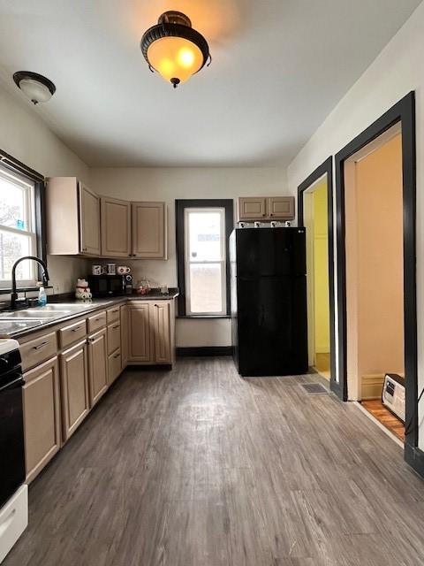 kitchen with black fridge, sink, dark wood-type flooring, and range