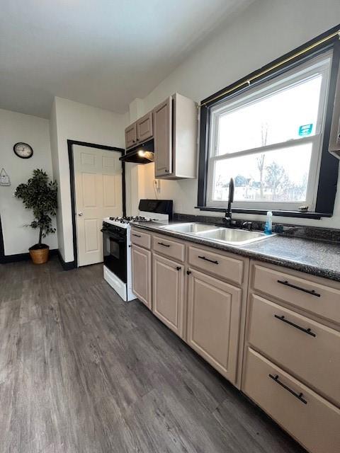 kitchen featuring white gas range, dark hardwood / wood-style flooring, and sink