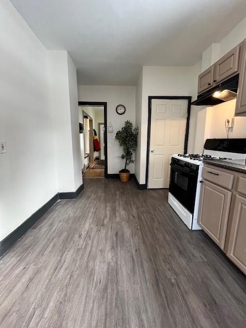 kitchen featuring gas stove and dark wood-type flooring