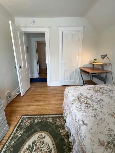 bedroom featuring lofted ceiling and hardwood / wood-style floors