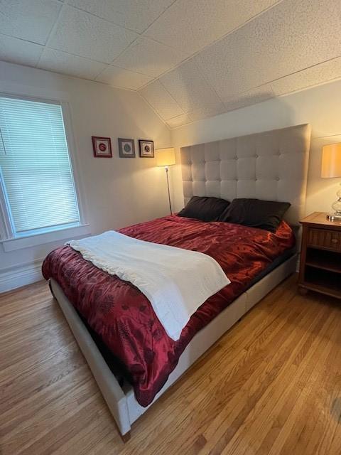 bedroom with lofted ceiling and light hardwood / wood-style flooring