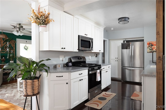 kitchen featuring appliances with stainless steel finishes, white cabinets, and ceiling fan