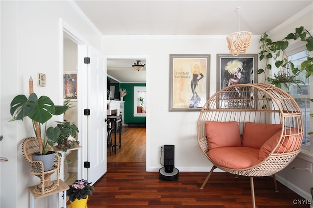 living area featuring ornamental molding and dark hardwood / wood-style flooring