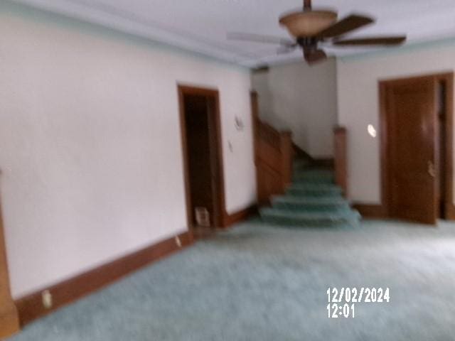 empty room with carpet flooring and ceiling fan