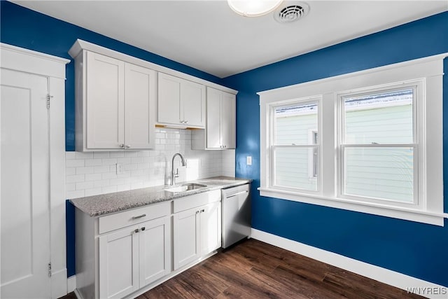 kitchen featuring dishwasher, sink, white cabinets, backsplash, and dark hardwood / wood-style flooring