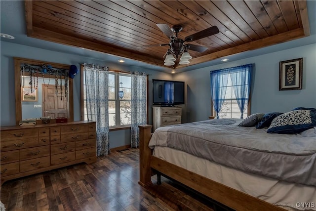 bedroom featuring dark hardwood / wood-style flooring, wooden ceiling, a raised ceiling, and ceiling fan