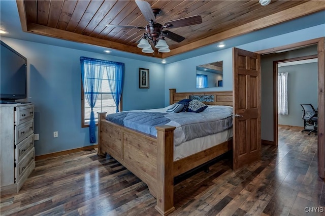 bedroom featuring dark hardwood / wood-style flooring, wood ceiling, a tray ceiling, and ceiling fan