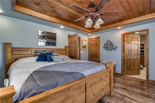 bedroom featuring a raised ceiling, hardwood / wood-style flooring, wooden ceiling, and ceiling fan