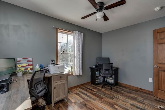 home office with ceiling fan and dark hardwood / wood-style flooring