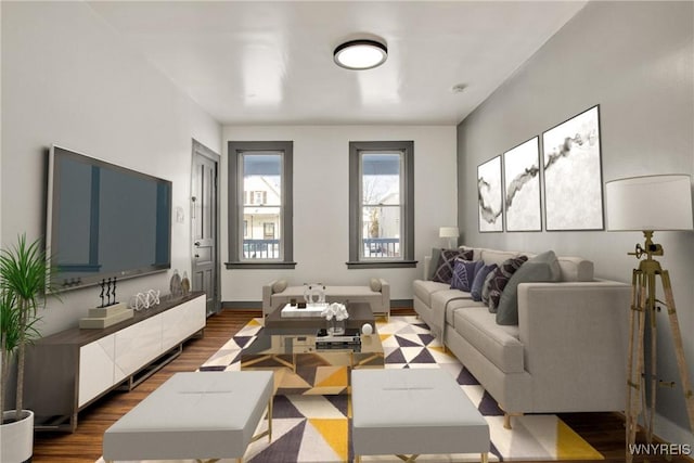 living room with dark hardwood / wood-style floors