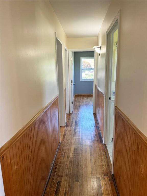 110 Suncrest Terrace Rd, Norwich-Town, NY 13815 - hall with a wainscoted wall, dark wood-style floors, and wood walls