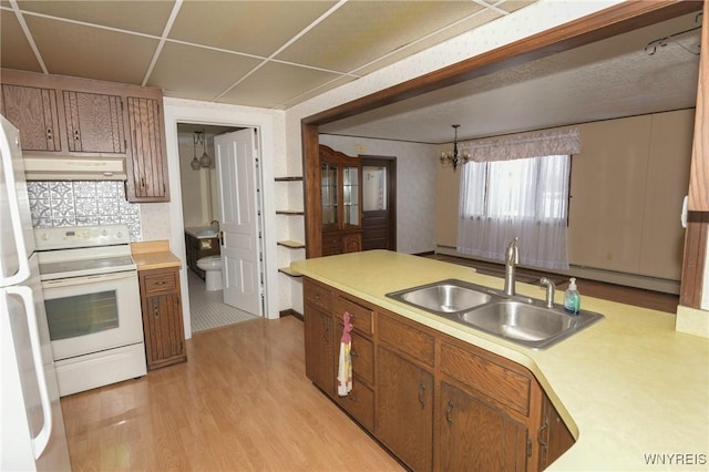 kitchen featuring sink, a paneled ceiling, light hardwood / wood-style flooring, white electric stove, and decorative backsplash