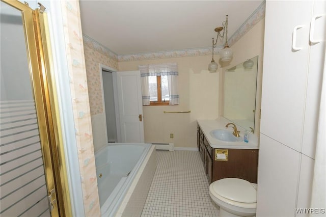 bathroom featuring vanity, a relaxing tiled tub, baseboard heating, toilet, and tile patterned floors