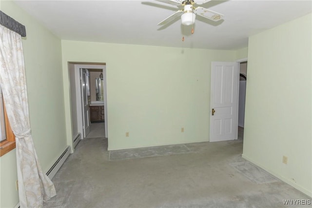 unfurnished room with ceiling fan, light colored carpet, and baseboard heating