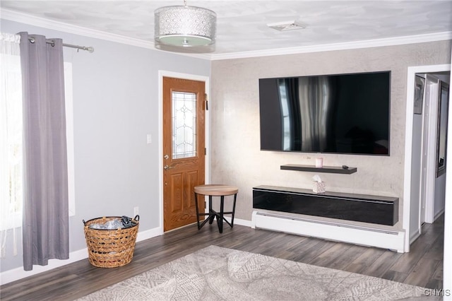 foyer with a baseboard radiator, dark wood-type flooring, crown molding, and a healthy amount of sunlight